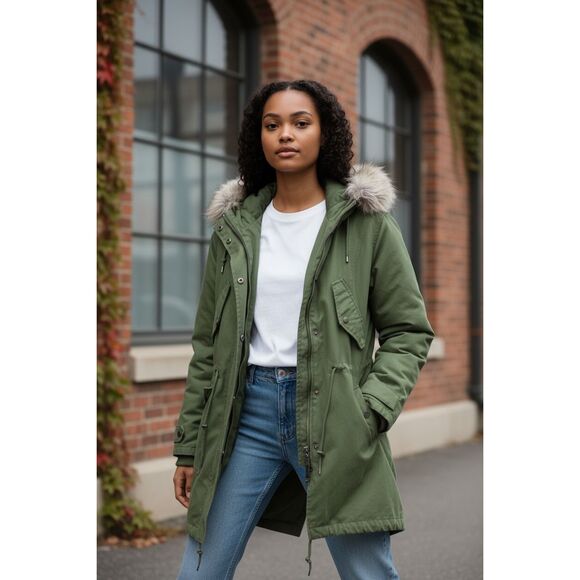 ASOS Olive Green Faux Fur Hooded Parka Coat Quilted Lined Jacket Women’s Size 12 - Picture 1 of 8